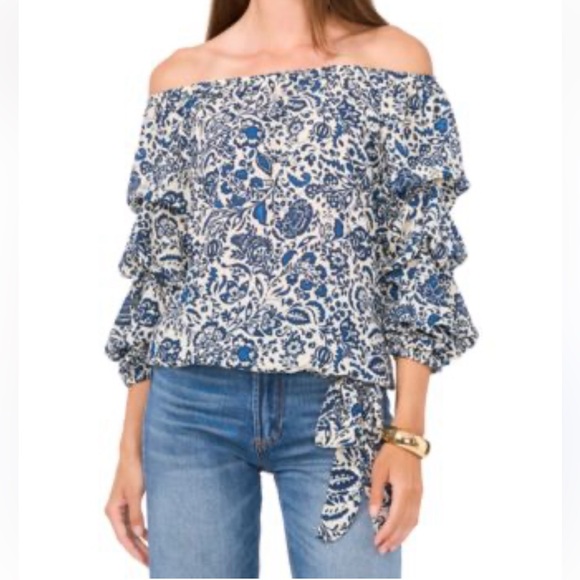 CeCe Blue Floral Off-Shoulder Blouse - Picture 1 of 12